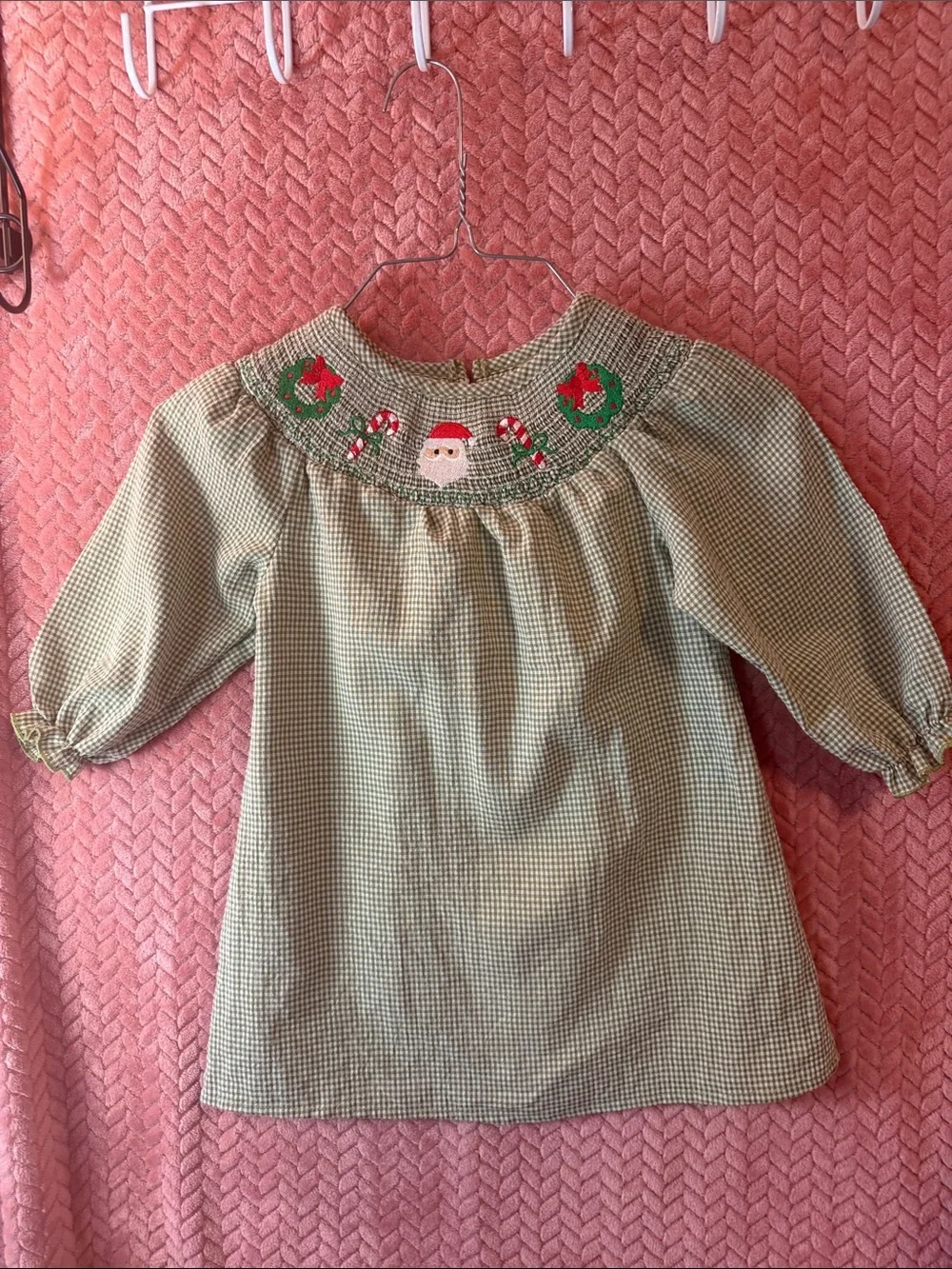 Girls' Green Gingham Smocked Holiday Dress with Santa Detail